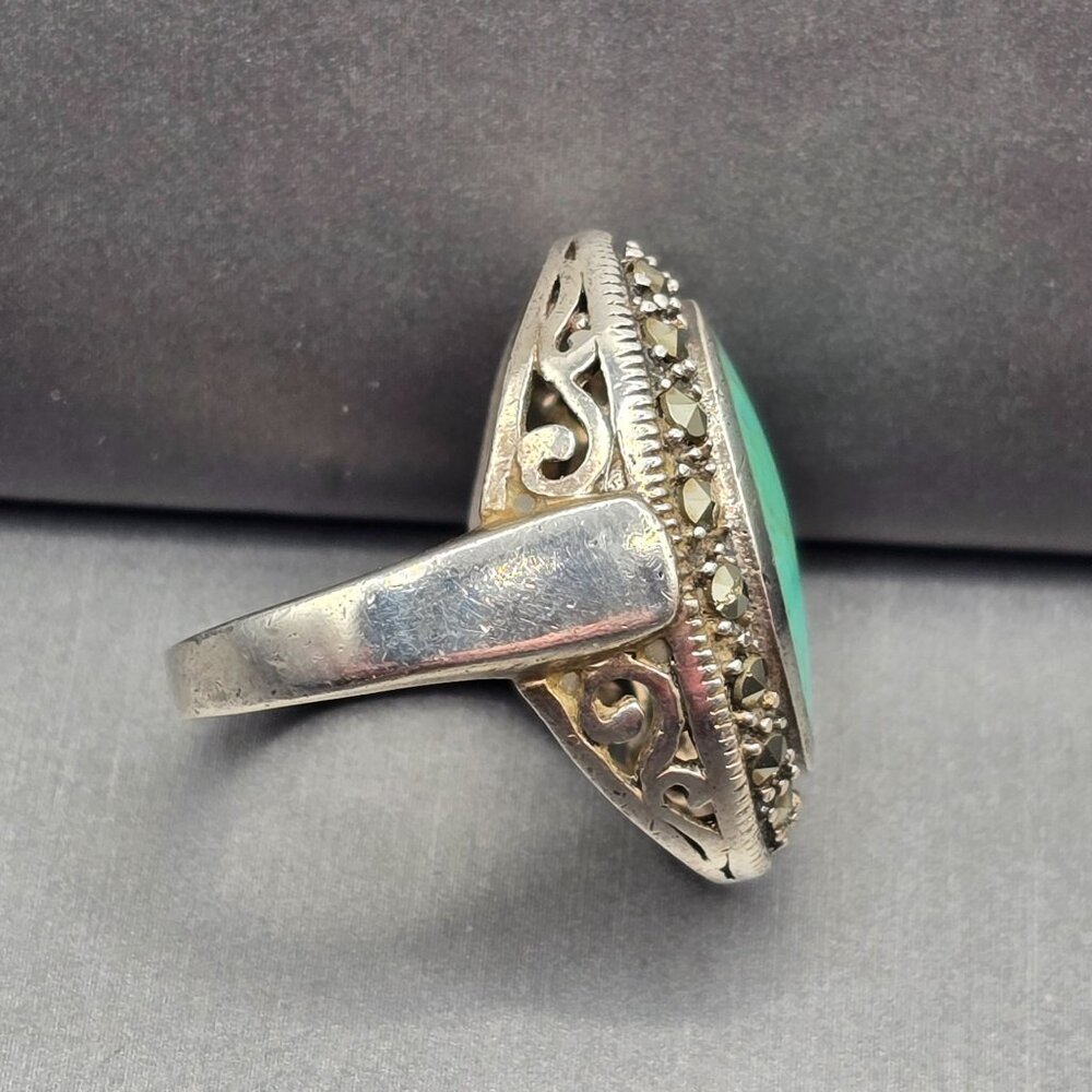 VTG 925 Sterling Silver Turquoise & Marcasite Ring Size 6.5 Signed Filigree - Picture 6 of 11